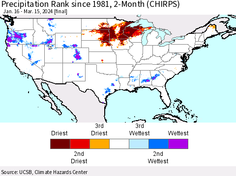United States Precipitation Rank since 1981, 2-Month (CHIRPS) Thematic Map For 1/16/2024 - 3/15/2024