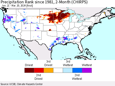 United States Precipitation Rank since 1981, 2-Month (CHIRPS) Thematic Map For 1/21/2024 - 3/20/2024