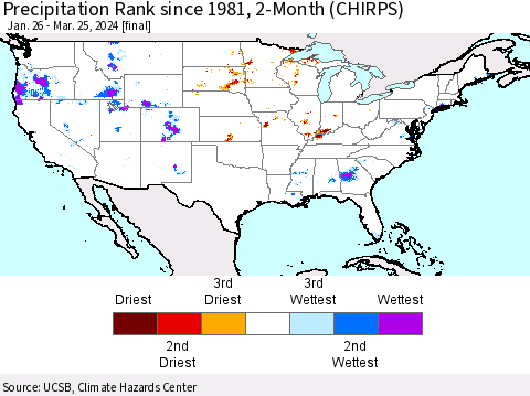 United States Precipitation Rank since 1981, 2-Month (CHIRPS) Thematic Map For 1/26/2024 - 3/25/2024