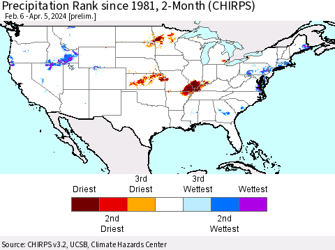 United States Precipitation Rank since 1981, 2-Month (CHIRPS) Thematic Map For 2/6/2024 - 4/5/2024