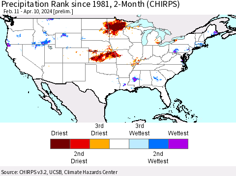 United States Precipitation Rank since 1981, 2-Month (CHIRPS) Thematic Map For 2/11/2024 - 4/10/2024