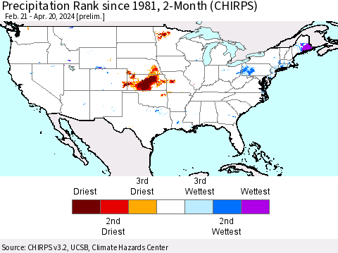 United States Precipitation Rank since 1981, 2-Month (CHIRPS) Thematic Map For 2/21/2024 - 4/20/2024