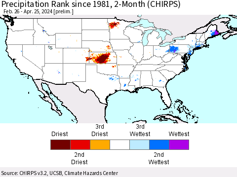 United States Precipitation Rank since 1981, 2-Month (CHIRPS) Thematic Map For 2/26/2024 - 4/25/2024