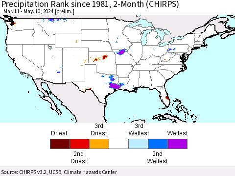 United States Precipitation Rank since 1981, 2-Month (CHIRPS) Thematic Map For 3/11/2024 - 5/10/2024