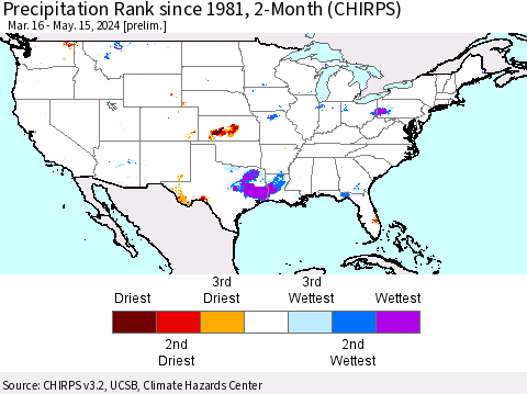 United States Precipitation Rank since 1981, 2-Month (CHIRPS) Thematic Map For 3/16/2024 - 5/15/2024