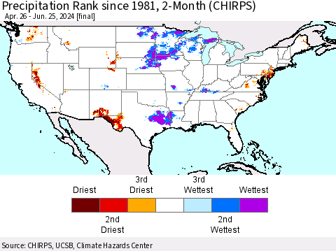 United States Precipitation Rank since 1981, 2-Month (CHIRPS) Thematic Map For 4/26/2024 - 6/25/2024