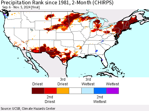 United States Precipitation Rank since 1981, 2-Month (CHIRPS) Thematic Map For 9/6/2024 - 11/5/2024