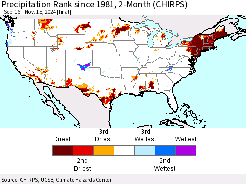 United States Precipitation Rank since 1981, 2-Month (CHIRPS) Thematic Map For 9/16/2024 - 11/15/2024