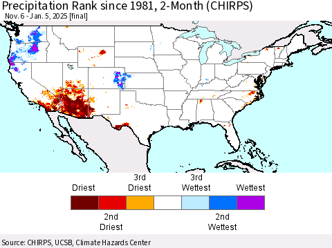 United States Precipitation Rank since 1981, 2-Month (CHIRPS) Thematic Map For 11/6/2024 - 1/5/2025