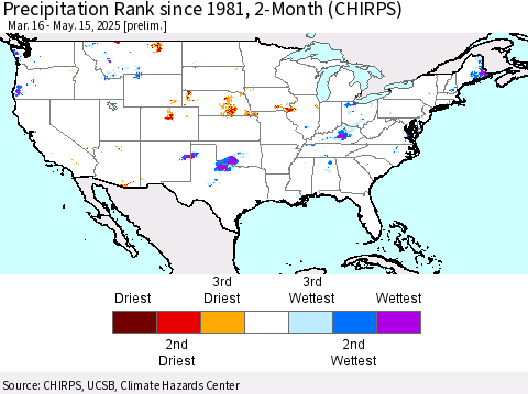 United States Precipitation Rank since 1981, 2-Month (CHIRPS) Thematic Map For 3/16/2025 - 5/15/2025