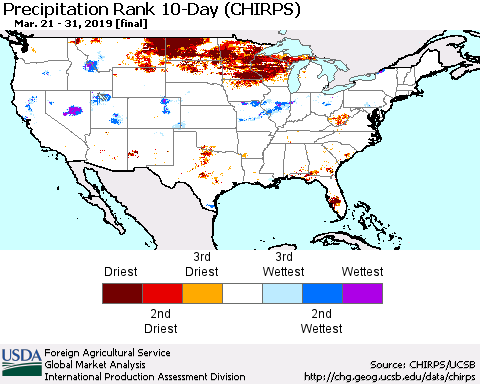 United States Precipitation Rank 10-Day (CHIRPS) Thematic Map For 3/21/2019 - 3/31/2019