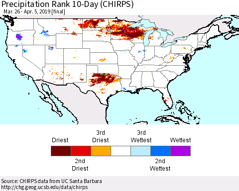 United States Precipitation Rank 10-Day (CHIRPS) Thematic Map For 3/26/2019 - 4/5/2019