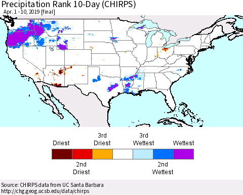 United States Precipitation Rank since 1981, 10-Day (CHIRPS) Thematic Map For 4/1/2019 - 4/10/2019