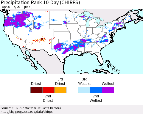 United States Precipitation Rank since 1981, 10-Day (CHIRPS) Thematic Map For 4/6/2019 - 4/15/2019
