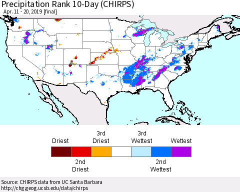 United States Precipitation Rank since 1981, 10-Day (CHIRPS) Thematic Map For 4/11/2019 - 4/20/2019