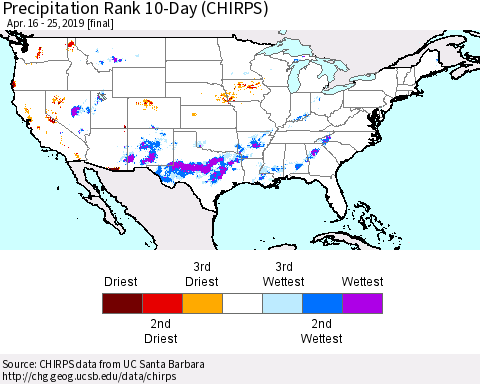 United States Precipitation Rank 10-Day (CHIRPS) Thematic Map For 4/16/2019 - 4/25/2019