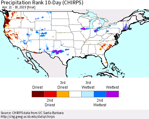 United States Precipitation Rank 10-Day (CHIRPS) Thematic Map For 4/21/2019 - 4/30/2019