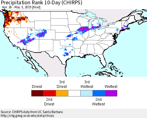 United States Precipitation Rank 10-Day (CHIRPS) Thematic Map For 4/26/2019 - 5/5/2019