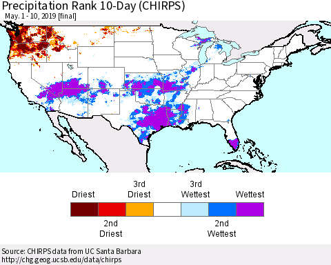 United States Precipitation Rank 10-Day (CHIRPS) Thematic Map For 5/1/2019 - 5/10/2019