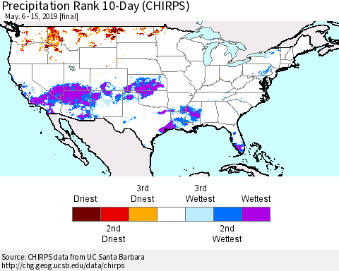 United States Precipitation Rank 10-Day (CHIRPS) Thematic Map For 5/6/2019 - 5/15/2019
