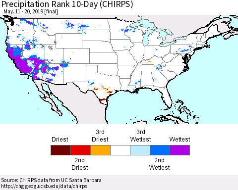 United States Precipitation Rank since 1981, 10-Day (CHIRPS) Thematic Map For 5/11/2019 - 5/20/2019