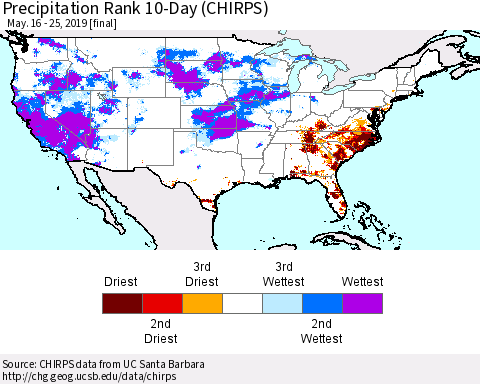 United States Precipitation Rank 10-Day (CHIRPS) Thematic Map For 5/16/2019 - 5/25/2019