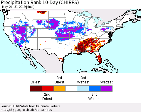 United States Precipitation Rank 10-Day (CHIRPS) Thematic Map For 5/21/2019 - 5/31/2019