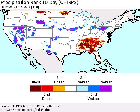 United States Precipitation Rank 10-Day (CHIRPS) Thematic Map For 5/26/2019 - 6/5/2019
