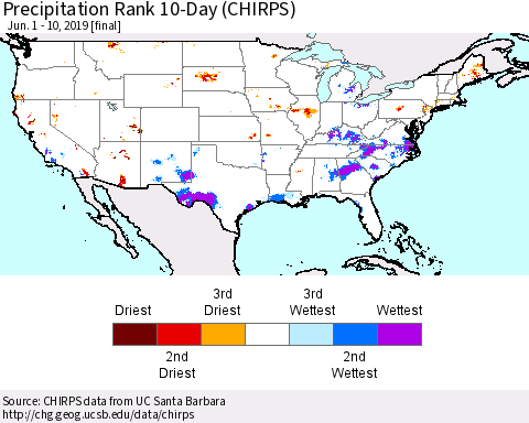 United States Precipitation Rank 10-Day (CHIRPS) Thematic Map For 6/1/2019 - 6/10/2019