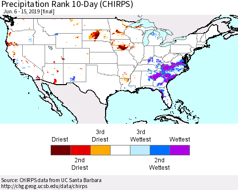 United States Precipitation Rank 10-Day (CHIRPS) Thematic Map For 6/6/2019 - 6/15/2019