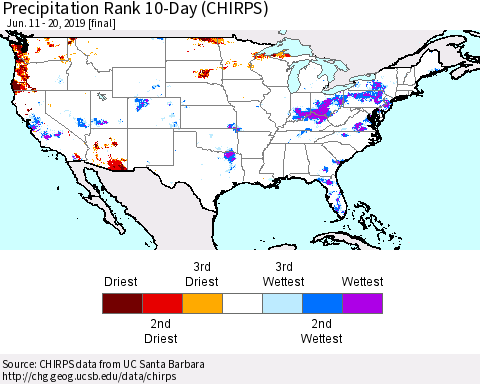 United States Precipitation Rank since 1981, 10-Day (CHIRPS) Thematic Map For 6/11/2019 - 6/20/2019