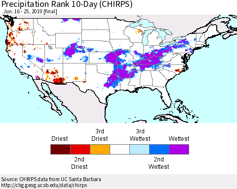United States Precipitation Rank 10-Day (CHIRPS) Thematic Map For 6/16/2019 - 6/25/2019