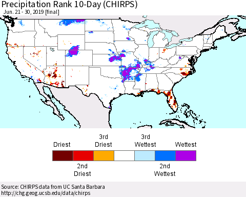 United States Precipitation Rank 10-Day (CHIRPS) Thematic Map For 6/21/2019 - 6/30/2019