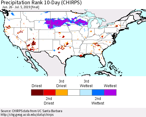 United States Precipitation Rank 10-Day (CHIRPS) Thematic Map For 6/26/2019 - 7/5/2019