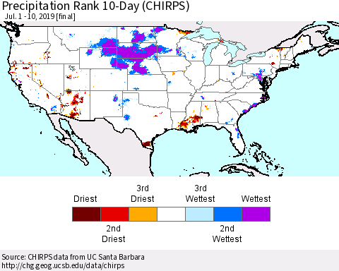 United States Precipitation Rank 10-Day (CHIRPS) Thematic Map For 7/1/2019 - 7/10/2019