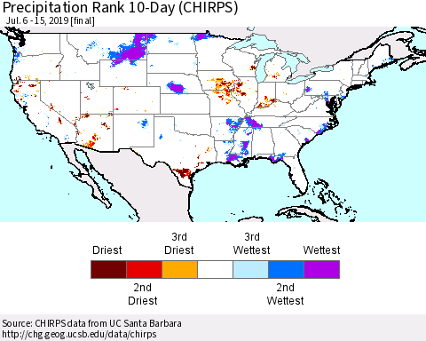 United States Precipitation Rank since 1981, 10-Day (CHIRPS) Thematic Map For 7/6/2019 - 7/15/2019