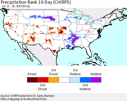 United States Precipitation Rank since 1981, 10-Day (CHIRPS) Thematic Map For 7/11/2019 - 7/20/2019
