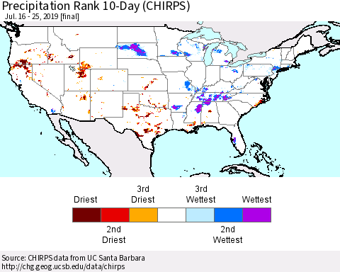 United States Precipitation Rank 10-Day (CHIRPS) Thematic Map For 7/16/2019 - 7/25/2019