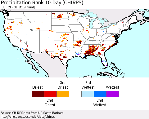 United States Precipitation Rank 10-Day (CHIRPS) Thematic Map For 7/21/2019 - 7/31/2019