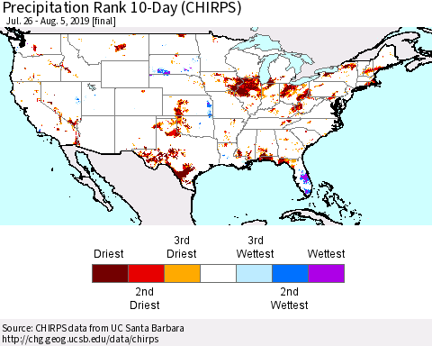 United States Precipitation Rank 10-Day (CHIRPS) Thematic Map For 7/26/2019 - 8/5/2019