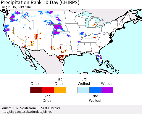 United States Precipitation Rank 10-Day (CHIRPS) Thematic Map For 8/6/2019 - 8/15/2019
