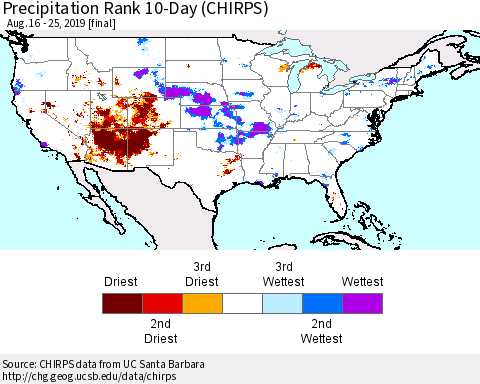 United States Precipitation Rank 10-Day (CHIRPS) Thematic Map For 8/16/2019 - 8/25/2019