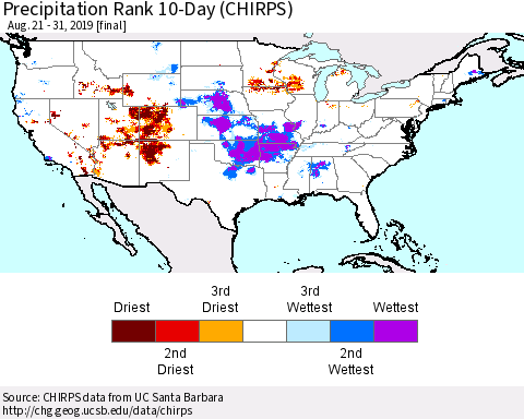 United States Precipitation Rank 10-Day (CHIRPS) Thematic Map For 8/21/2019 - 8/31/2019