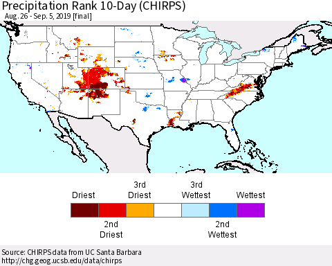 United States Precipitation Rank 10-Day (CHIRPS) Thematic Map For 8/26/2019 - 9/5/2019