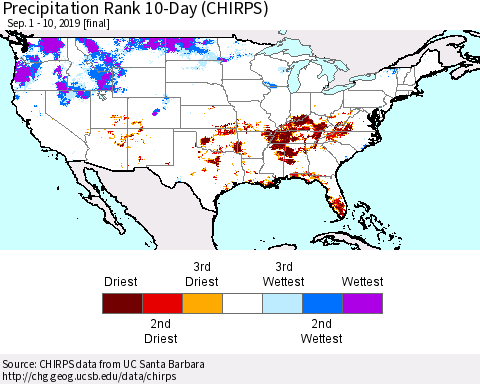United States Precipitation Rank since 1981, 10-Day (CHIRPS) Thematic Map For 9/1/2019 - 9/10/2019