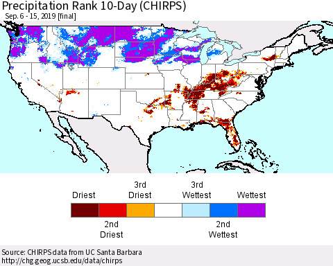 United States Precipitation Rank 10-Day (CHIRPS) Thematic Map For 9/6/2019 - 9/15/2019