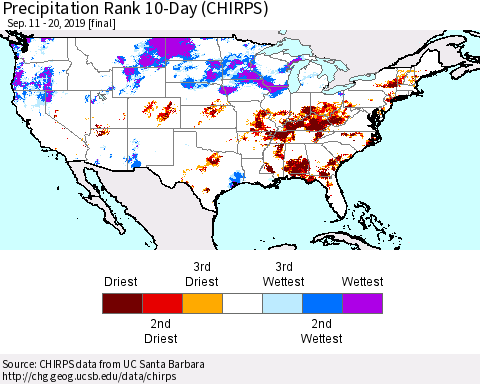 United States Precipitation Rank since 1981, 10-Day (CHIRPS) Thematic Map For 9/11/2019 - 9/20/2019