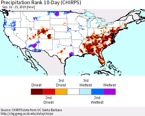United States Precipitation Rank 10-Day (CHIRPS) Thematic Map For 9/16/2019 - 9/25/2019