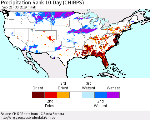 United States Precipitation Rank 10-Day (CHIRPS) Thematic Map For 9/21/2019 - 9/30/2019