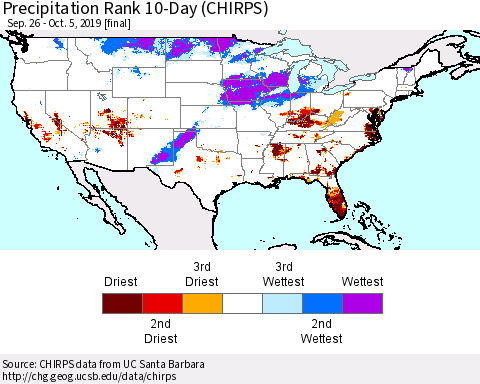 United States Precipitation Rank 10-Day (CHIRPS) Thematic Map For 9/26/2019 - 10/5/2019